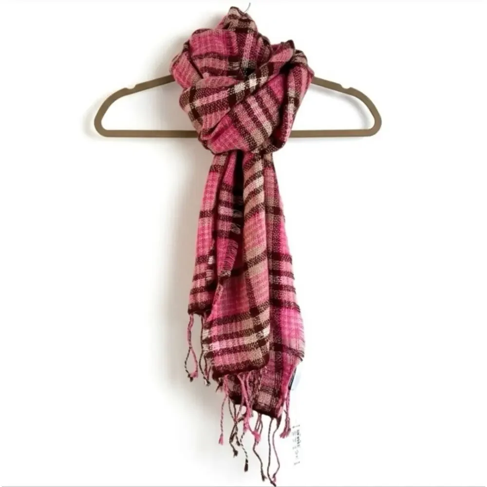 Madewell NEW Bright Azalea Pink Plaid Gauzy Wool Blend Fringe Scarf Wrap